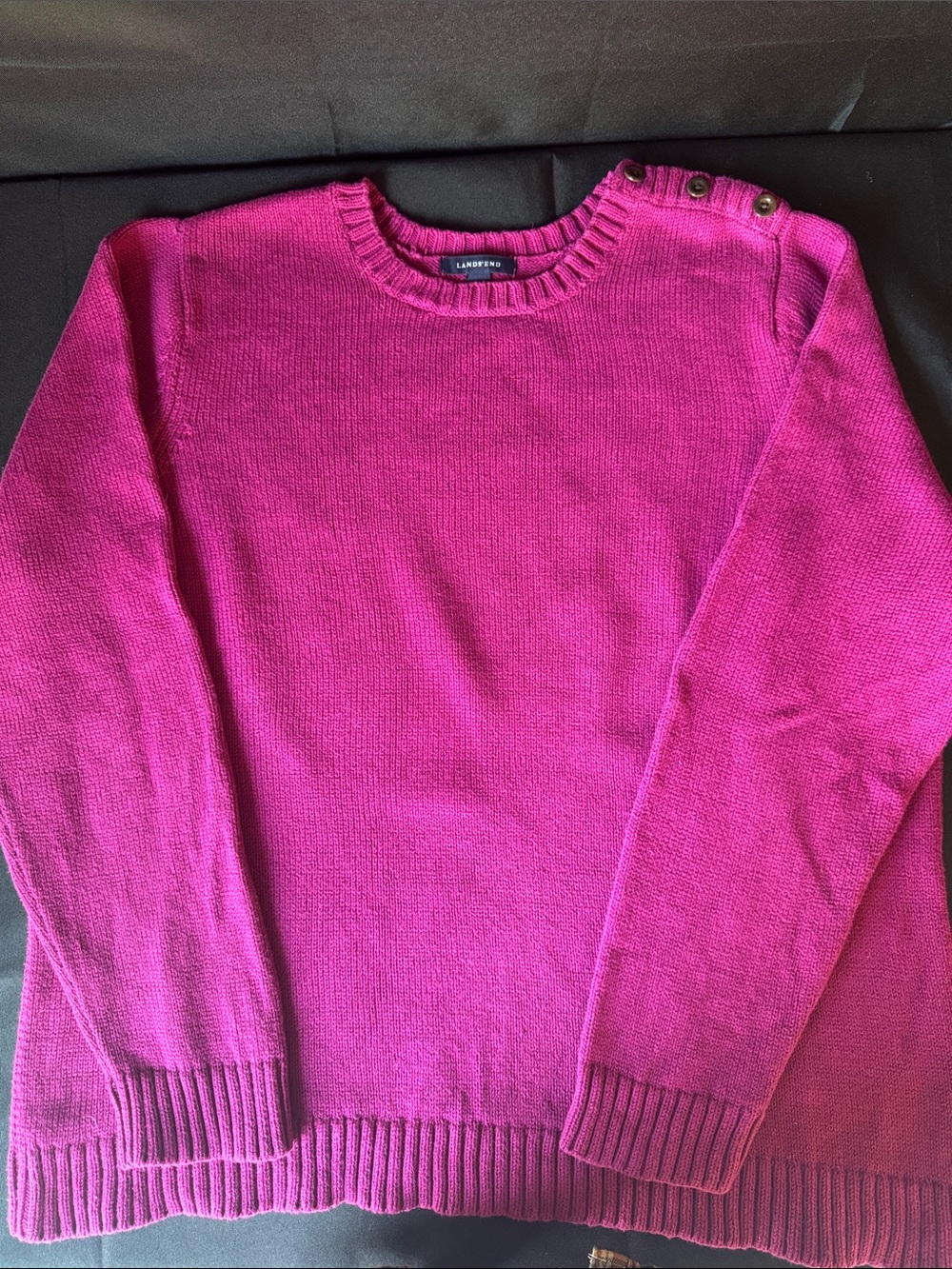 Lands' End Women's Crewneck Sweater with Button Shoulder - Bright Fuchsia